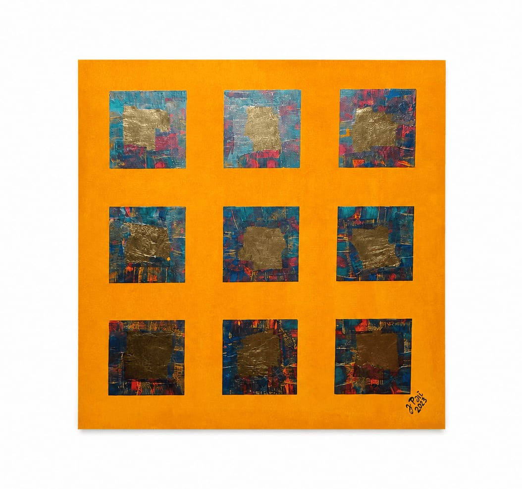 Quadratisch gelb mit Metalloberfläche