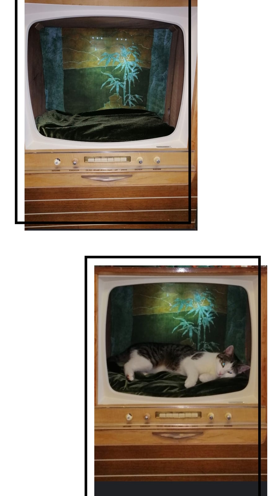 Philips Hornyphon Retrofernseher mit beleuchteter BATIK im Hintergrund - Katzenbett von MariONEbatik