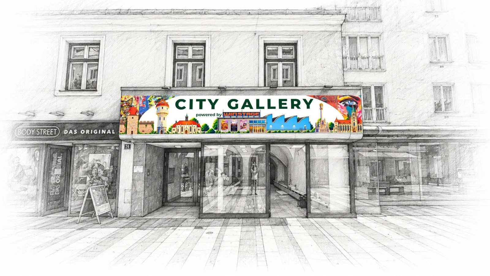 Außenansicht der WinStage – City Gallery in der Wiener Straße, als Bleistiftzeichnung wiedergegeben: über dem gläsernen Eingang ein farbiges Banner mit dem Schriftzug CITY GALLERY, powered by WinStage, und bunt gezeichneten Wiener Neustädter Wahrzeichen, darunter Wasserturm, Dom, Mariensäule und das WinStage-Haus