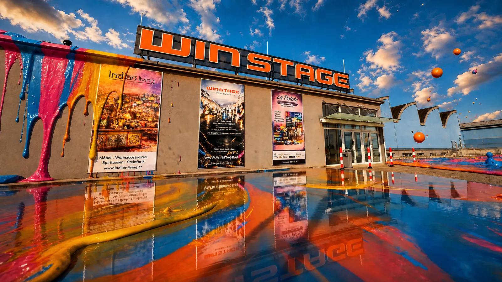 Außenansicht von WinStage – The Home of Art mit dem orangen WinStage-Schriftzug auf dem Dach, Plakaten von IndianLiving, WinStage und La Pelote an der Fassade und bunter Farbe, die über Wand und Vorplatz fließt